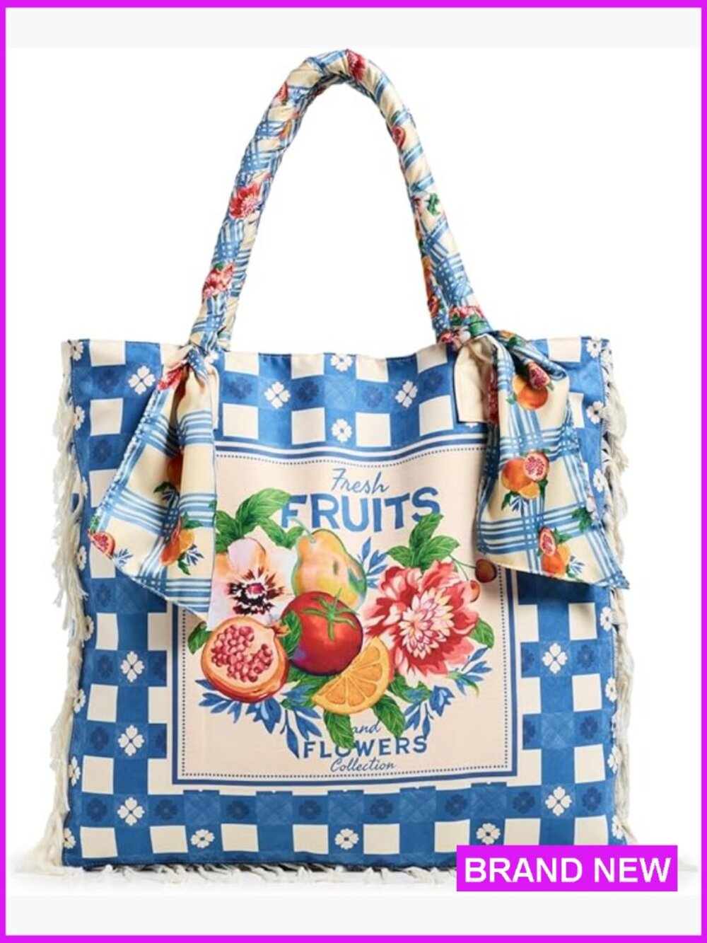 Rania Basket Large Tote Checkered Print Frayed Trim Canvas Handbag Beach